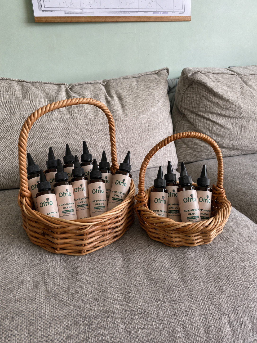 Ofrio oils arranged in woven baskets