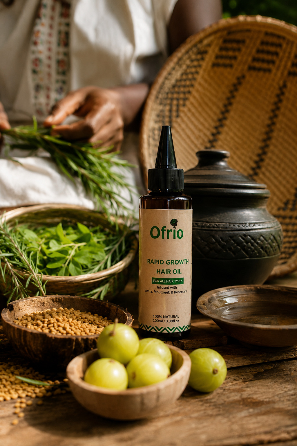 Ofrio oil with African botanical styling
